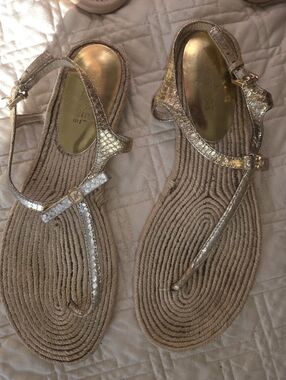 Michael Kors Metallic Gold T-Strap Rope Sole Sandals